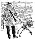 Hand drawing of casual city dweller with grocery basket standing in front of showcase with goods