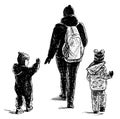 Hand drawing of casual city woman with two little children walking outdoors