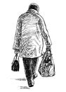 Hand drawing of casual elderly city woman with grocery bag walking alone down street Royalty Free Stock Photo