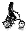 Hand drawing of casual man with bucket of paint riding a bicycle to work