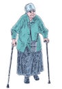 Hand drawing of casual old woman with walking canes strolling outdoors