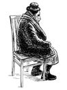 Hand drawing of casual tired elderly woman in mask sitting on chair