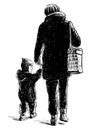 Hand drawing of casual towns woman with little son walking outdoors