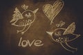 Hand drawing with chalk on blackboard, cute kawaii birds, heart and word love, St.ValentineÃÂ´s