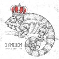 Hand drawing chameleon illustration with crown. Graphic art.