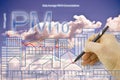 Hand drawing a chart about particulate matter emission PM10 in the air against a city skyline - concept image