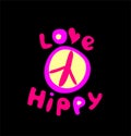 Hand drawing childish girl t shirt print with love hippie lettering, heart and peace symbol on black background