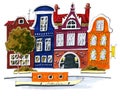 Hand drawing children`s style cartoon travel geography school amsterdam houses urban illustration coloring