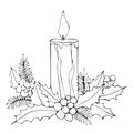 Hand drawing Christmas illustration. Candle with flame, fir branches, leaves and berries on white isolated background.