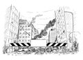 Hand Drawing of City Street Destroyed by War or Riot or Disaster Royalty Free Stock Photo