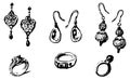 Hand drawing of collection female jewelry of precious metals and stones, rings,earings, vector illustration isolated on white