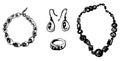 Hand drawing of collection female jewelry of precious metals and stones, ring, earrings, bracelet,beads, necklace, vector