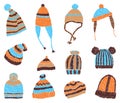 Hand drawing of collection various knitted warm hats