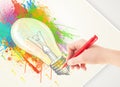 Hand drawing colorful idea light bulb with a pen Royalty Free Stock Photo