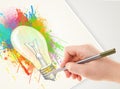 Hand drawing colorful idea light bulb with a pen Royalty Free Stock Photo