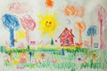 A hand drawing colorful picture of house has drawn by pencil or crayon. AIGX01.