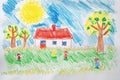 A hand drawing colorful picture of house has drawn by pencil or crayon. AIGX01.