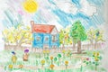 A hand drawing colorful picture of house has drawn by pencil or crayon. AIGX01.