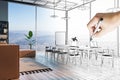 Hand drawing contemporary loft office interior with furniture, equipment and panoramic city view with daylight. Design and