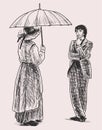 Hand drawing of couple people in retro costumes standing and conversing