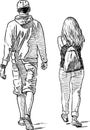 Hand drawing of couple of young townspeople going down street on summer day Royalty Free Stock Photo