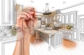 Hand Drawing Custom Kitchen Design With Gradation Revealing Photograph. Royalty Free Stock Photo