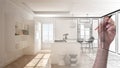 Hand drawing custom modern minimalist white kitchen. Tailored unfinished project architecture interior