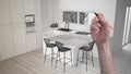 Hand drawing custom modern minimalist white and wooden kitchen with island and stools. Tailored unfinished project architecture