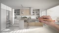 Hand drawing custom modern white and wooden kitchen. Tailored unfinished project architecture interior