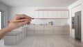 Hand drawing custom scandinavian minimalist white and wooden kitchen. Tailored unfinished project architecture interior