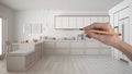 Hand drawing custom scandinavian minimalist white and wooden kitchen. Tailored unfinished project architecture interior