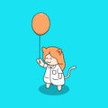 Cute Cat Girl Holding Hot Air Balloon Fantasy Illustration. Children Fantasy Illustration