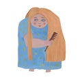 Hand drawing cute girl combing long blond hair