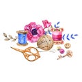 Hand drawing cute illustration flower anemone and sewing needlework tools isolated on white background. Royalty Free Stock Photo