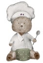 hand drawing of a cute teddy bear in a chef's hat and with a spoon, cartoon chef bear