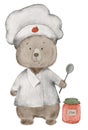 hand drawing of a cute teddy bear in a chef's hat and with a spoon, cartoon chef bear