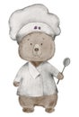 hand drawing of a cute teddy bear in a chef's hat and with a spoon, cartoon chef bear