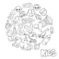 Vector hand drawn set of Newborn Baby Care cartoon doodle objects and items.