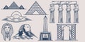 Hand drawing doodle trip travel elements set go to egypt with pyramid, sphinx, Pharaoh, museum and temple