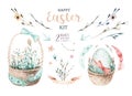 Hand drawing easter watercolor basket with leaves, branches and