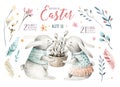 Hand drawing easter watercolor cartoon bunnies with leaves, bran