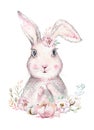 Hand drawing easter watercolor cartoon bunnies with leaves, branches and feathers. indigo Watercolour rabbit holiday