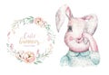 Hand drawing easter watercolor cartoon bunnies with leaves, branches and feathers. indigo Watercolour rabbit holiday