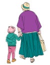 Hand drawing of elderly woman with her granddaughter walking outdoors together