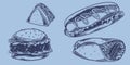 Hand drawing fast food set of sandwiches, burgers, hot dogs, kebabs. Junk food restaurant fast food menu