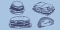 Hand drawing fast food set of sandwiches, two hamburgers, hot dogs, kebabs.Junk food restaurant fast food menu Royalty Free Stock Photo