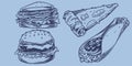 Hand drawing fast food set of two sandwiches, hamburgers, hot dogs, kebabs.Junk food restaurant fast food menu Royalty Free Stock Photo