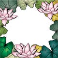 Hand drawing floral frame of pink lotus flowers water Lily. Royalty Free Stock Photo