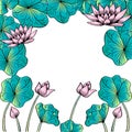 Hand drawing floral frame of pink lotus flowers water Lily. Royalty Free Stock Photo