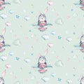 Hand drawing fly cute easter pilot bunny watercolor cartoon bunnies with airplane in the sky textile pattern. Turquoise